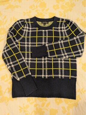 Banana Republic Plaid Knit Sweater, Slight Puff Sleeve Detail, Blue & Gold